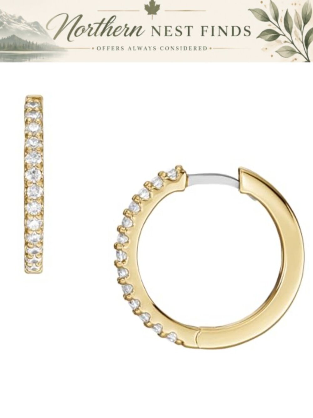 Gold Tone Brass Pavé Glitz Hoop Earrings Polished Hinged Closure